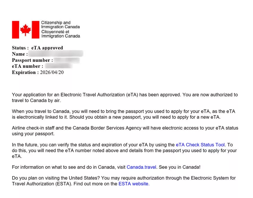 Sample Canada eTA approval email from IRCC
